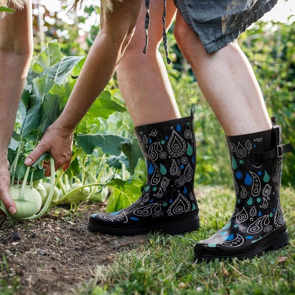 Women's Classic Paisley Black Fashionable Waterproof Garden Mud Rubber Rain Boot - Picture 2 of 8